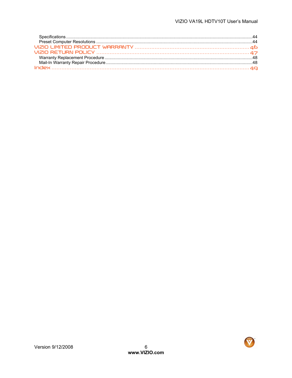 Vizio VA19L HDTV10T User Manual | Page 6 / 52
