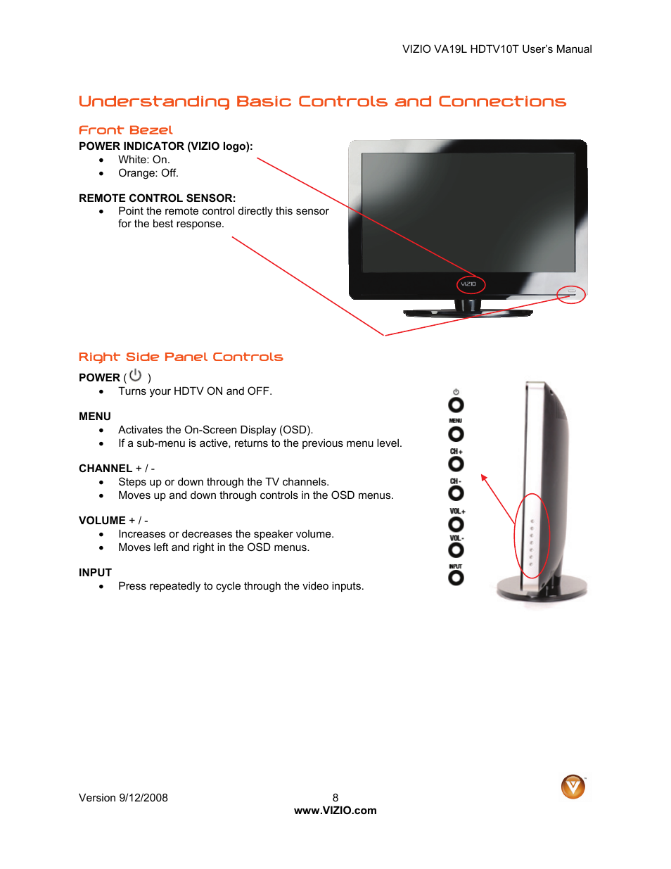 Understanding basic controls and connections | Vizio VA19L HDTV10T User Manual | Page 8 / 52