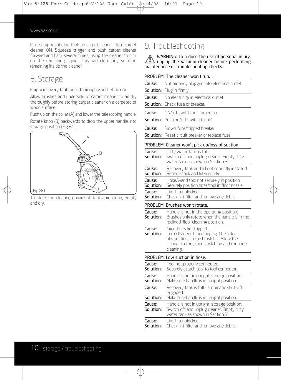 Storage, Troubleshooting, Storage / troubleshooting | Vizio V-128 User Manual | Page 10 / 12