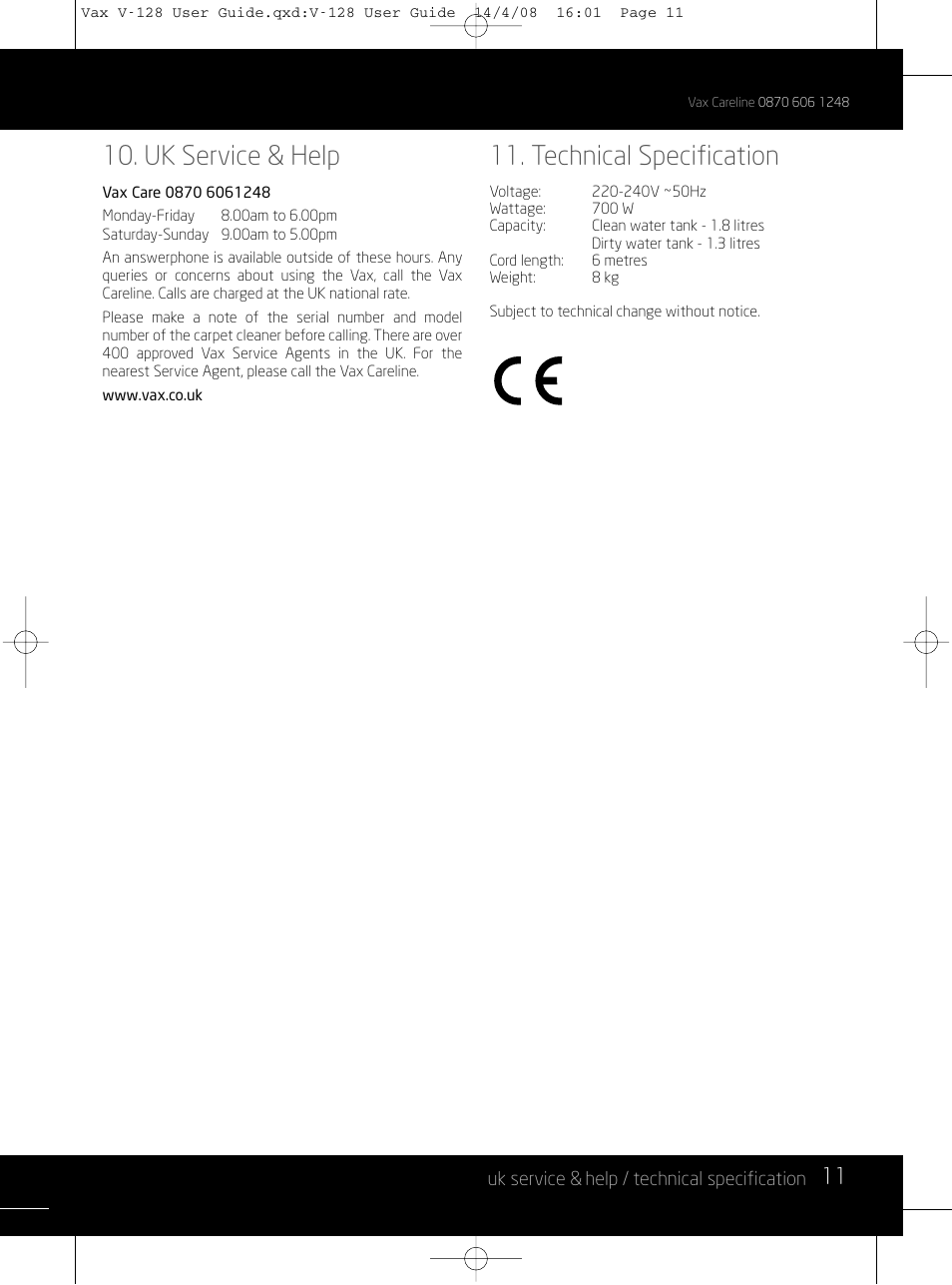 Uk service & help, Technical specification | Vizio V-128 User Manual | Page 11 / 12