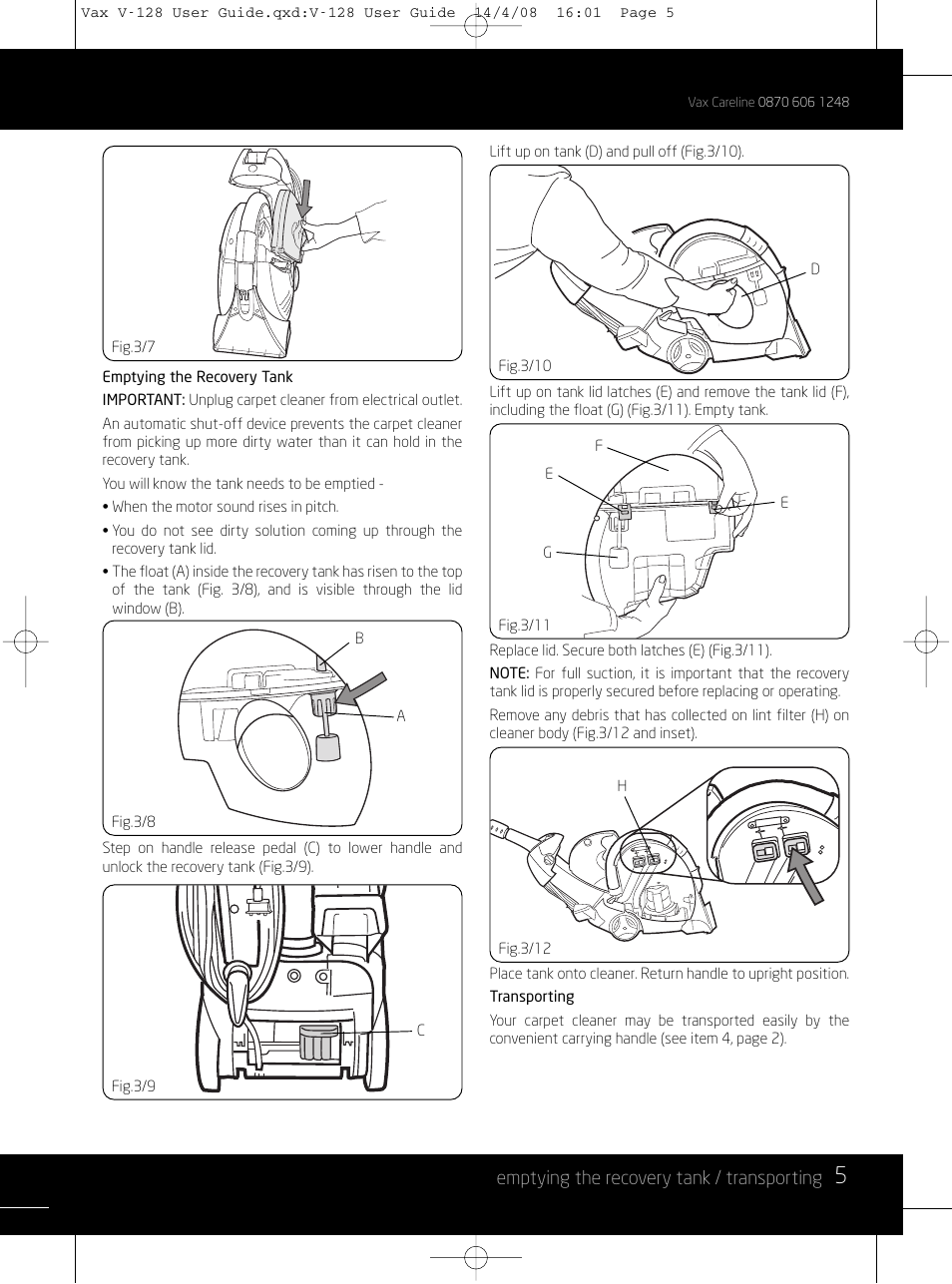 Emptying the recovery tank / transporting | Vizio V-128 User Manual | Page 5 / 12
