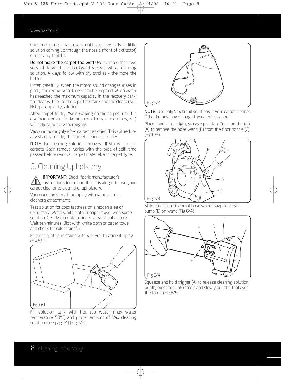 Cleaning upholstery | Vizio V-128 User Manual | Page 8 / 12