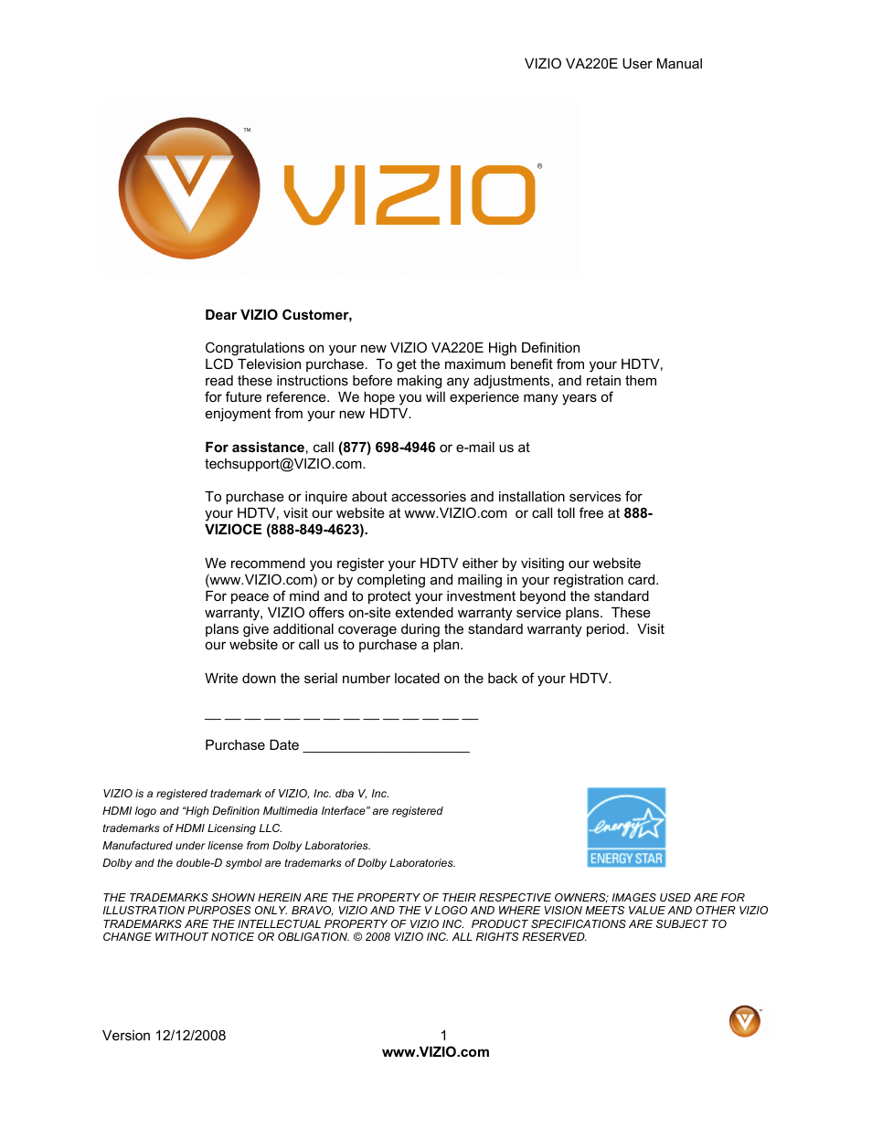 Vizio VA220E User Manual | 52 pages