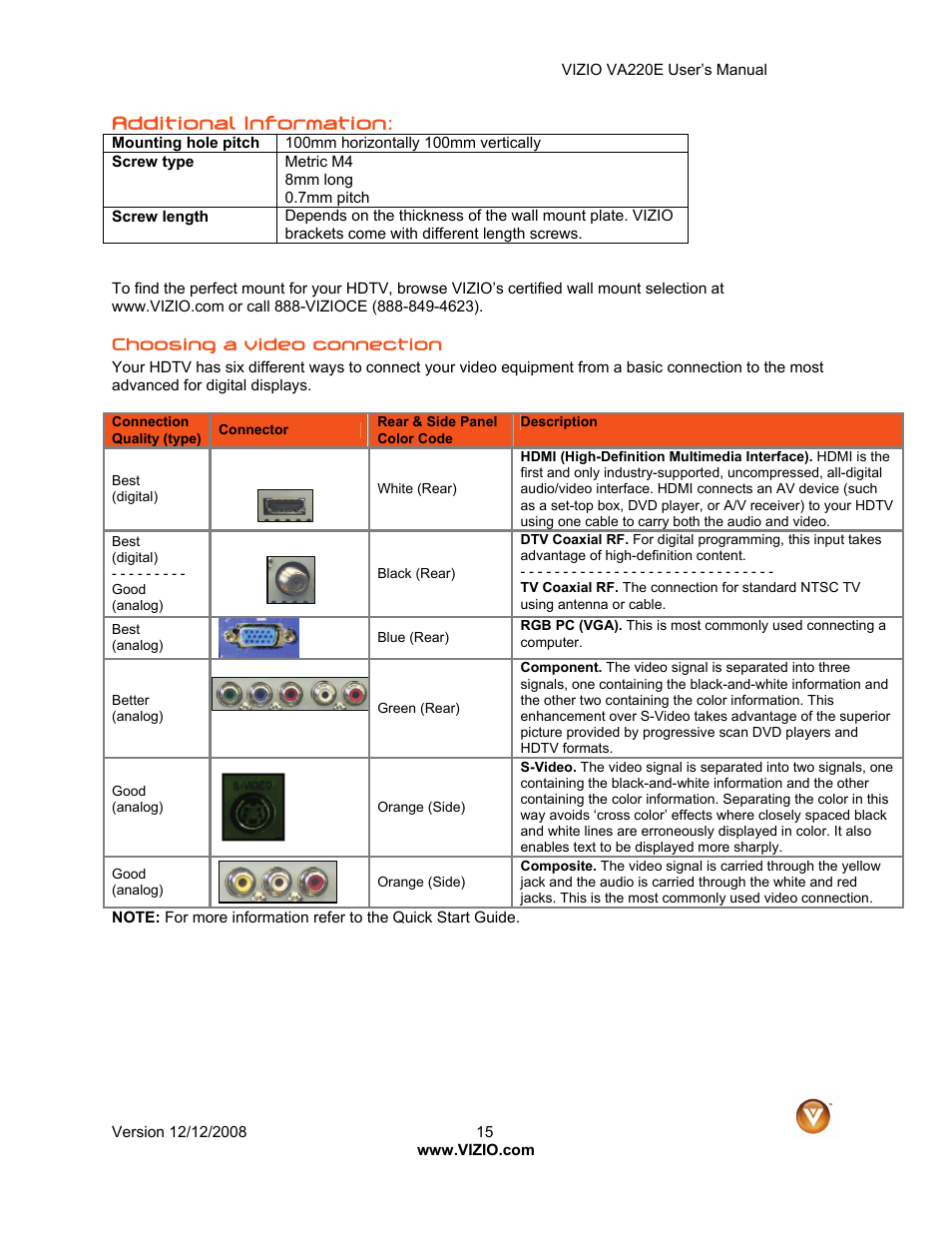 Additional information | Vizio VA220E User Manual | Page 15 / 52