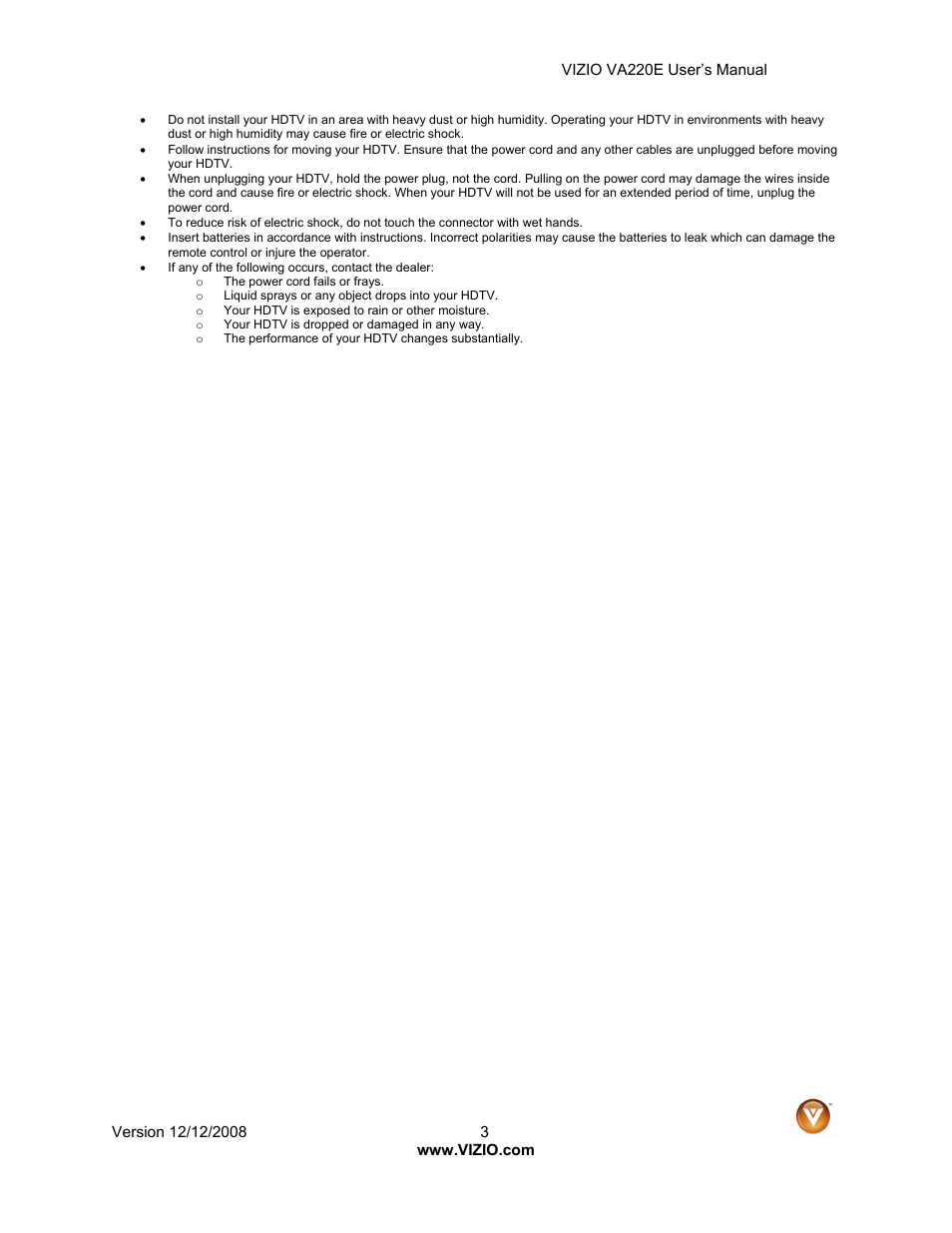Vizio VA220E User Manual | Page 3 / 52