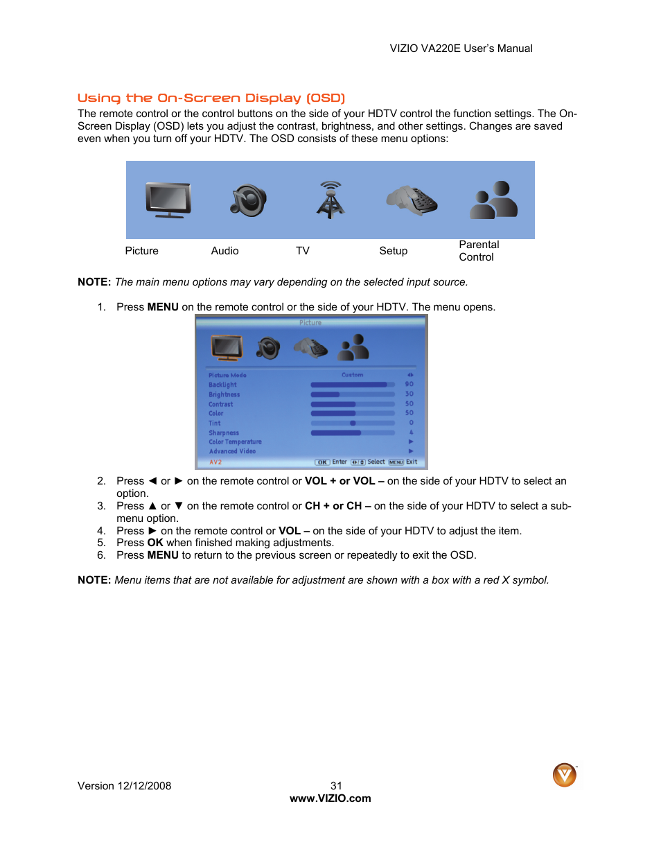 Vizio VA220E User Manual | Page 31 / 52