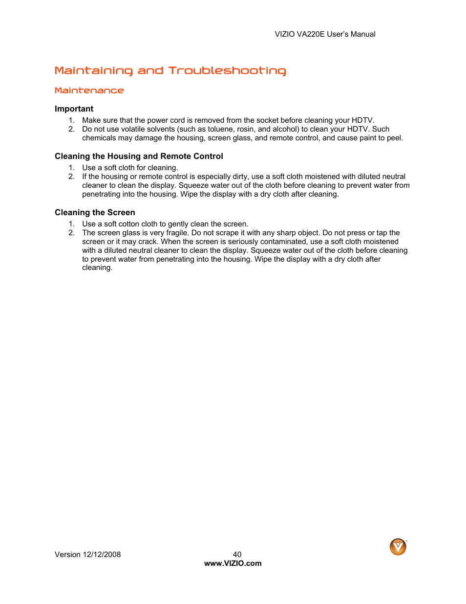 Maintaining and troubleshooting | Vizio VA220E User Manual | Page 40 / 52