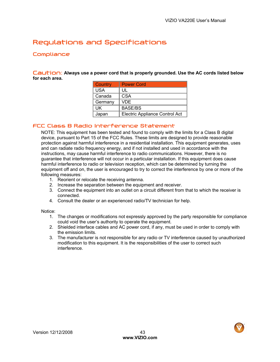 Regulations and specifications | Vizio VA220E User Manual | Page 43 / 52