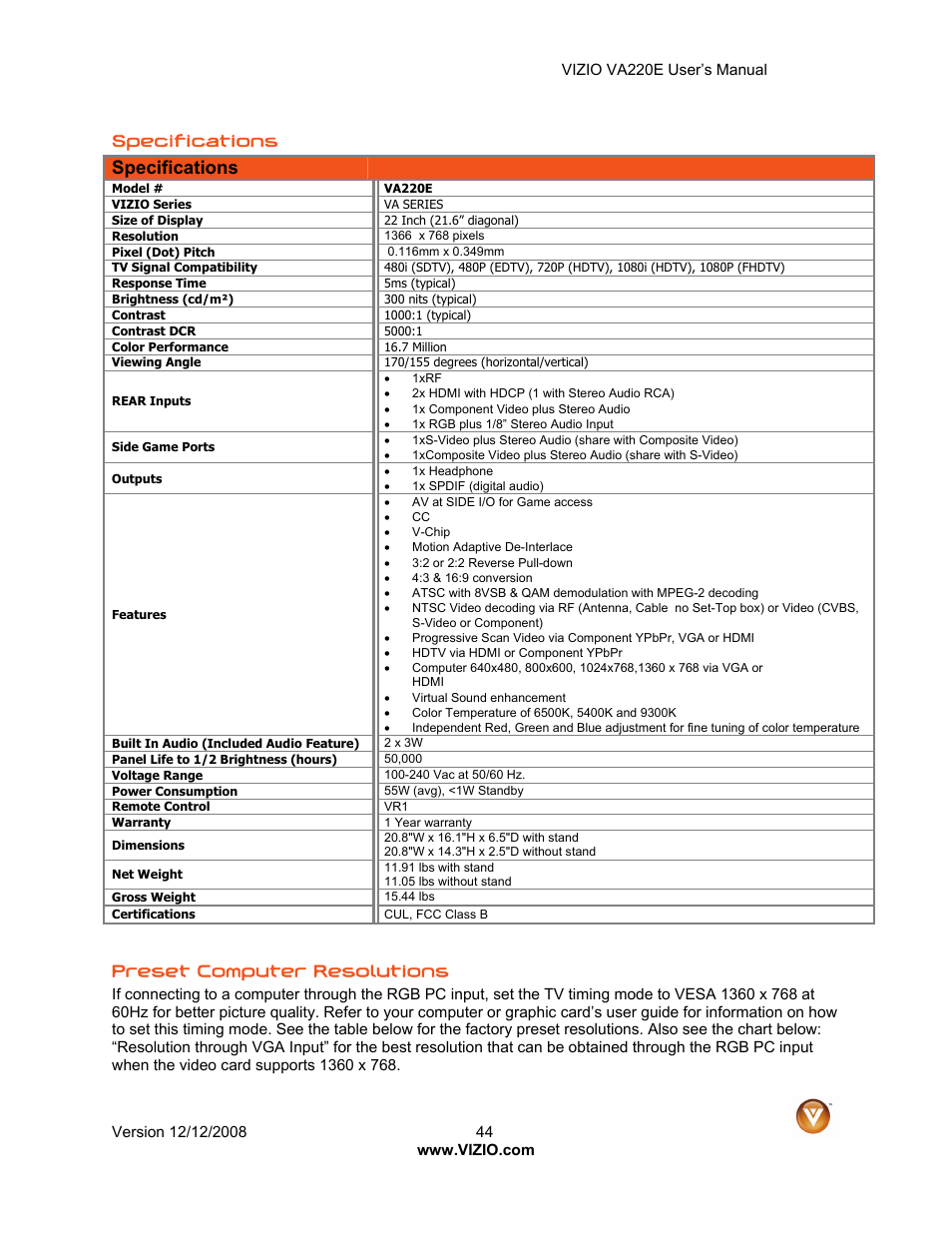 Specifications, Preset computer resolutions | Vizio VA220E User Manual | Page 44 / 52