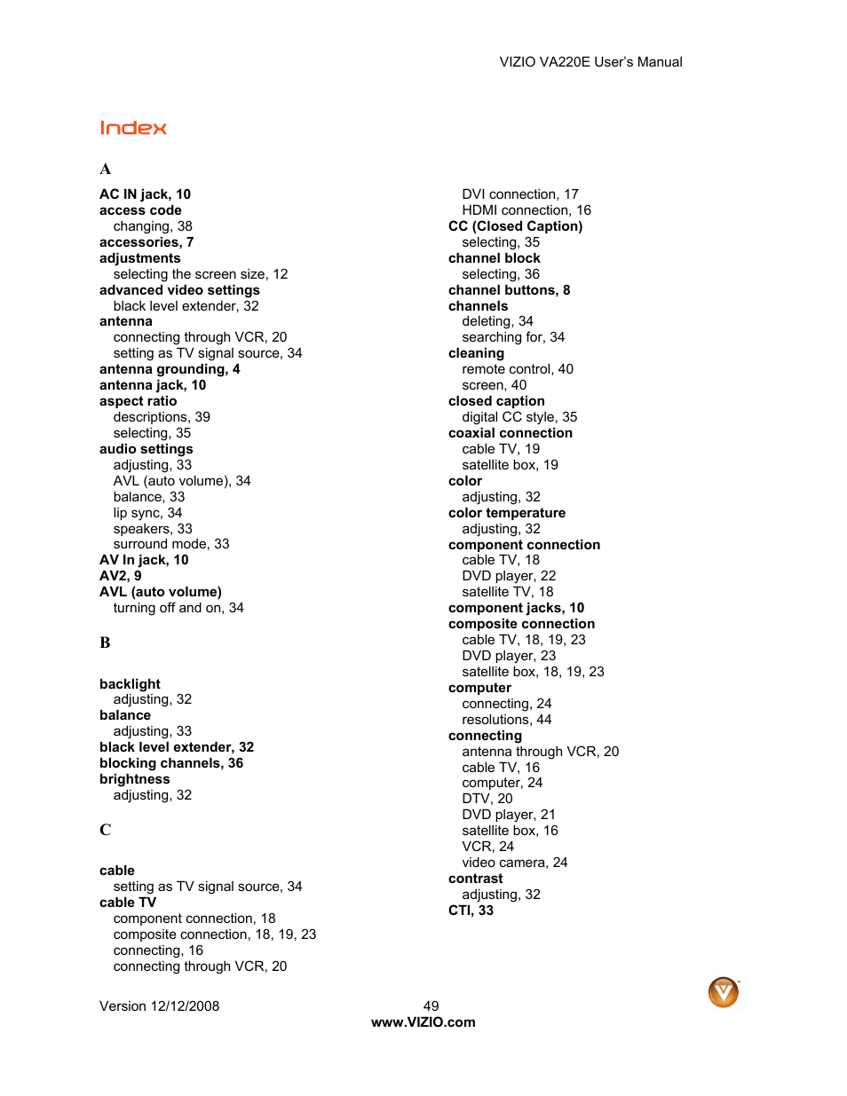 Index | Vizio VA220E User Manual | Page 49 / 52