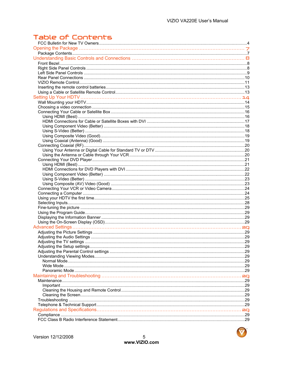 Vizio VA220E User Manual | Page 5 / 52