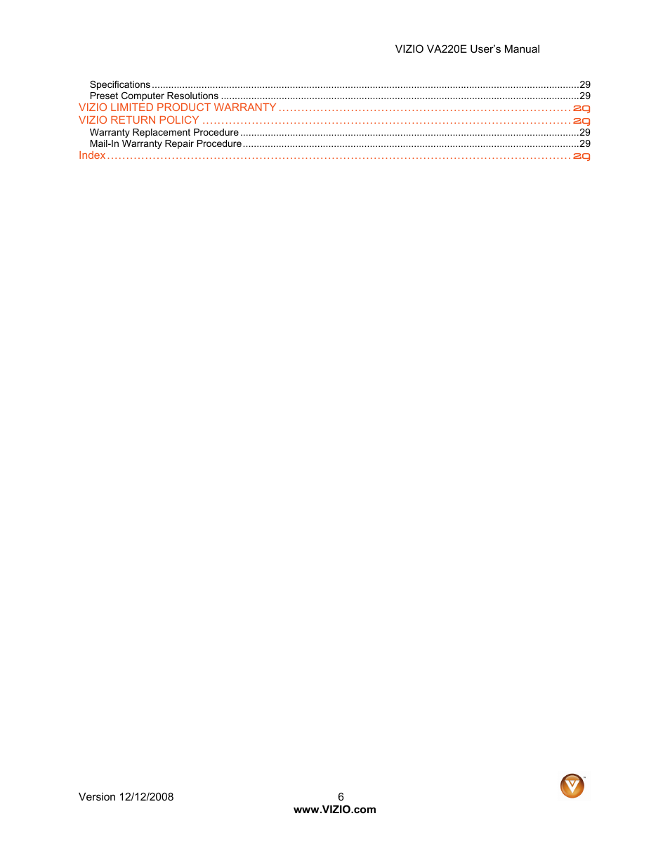 Vizio VA220E User Manual | Page 6 / 52