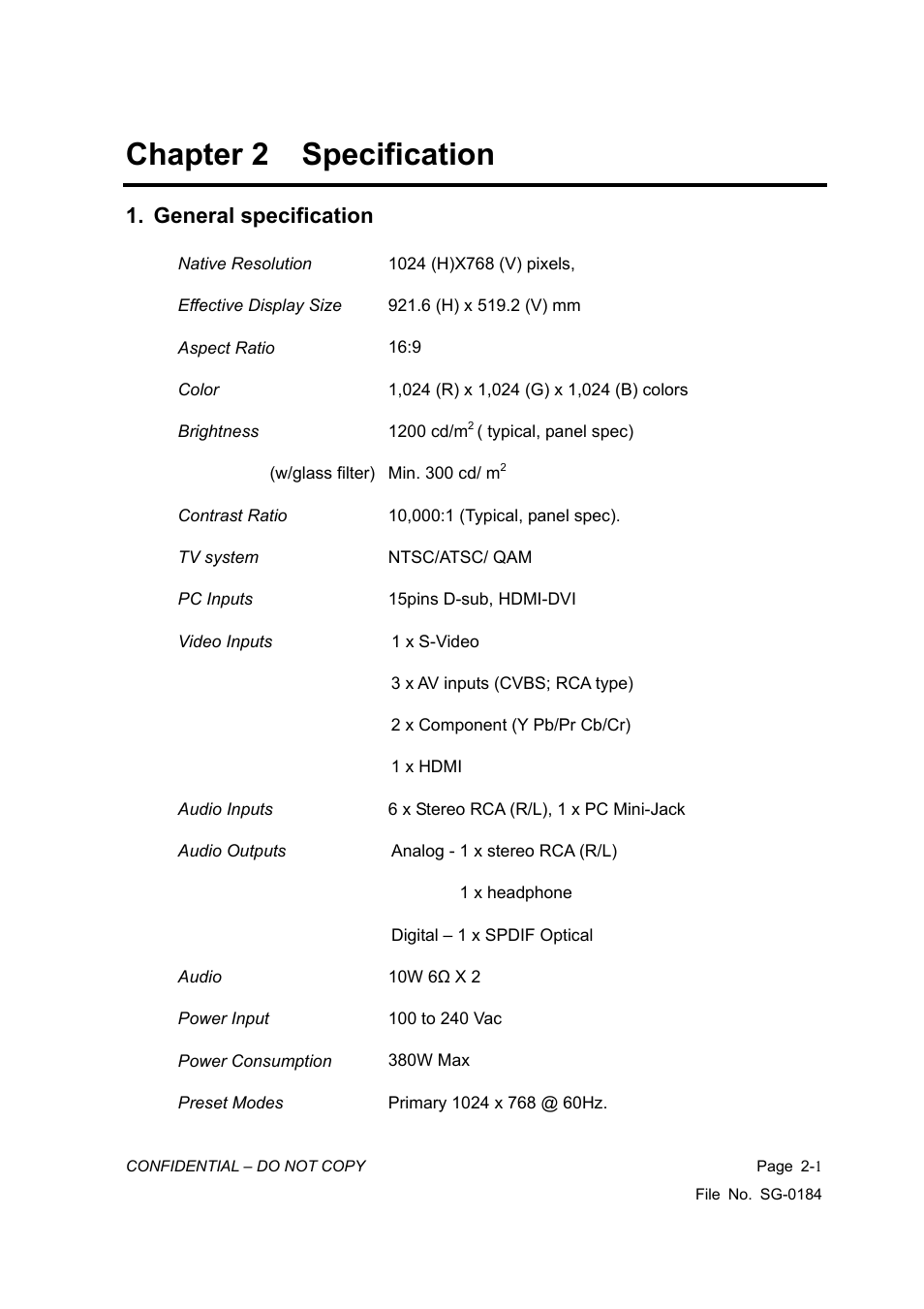 Chapter 2 specification, General specification | Vizio P42HDTV10A User Manual | Page 5 / 113