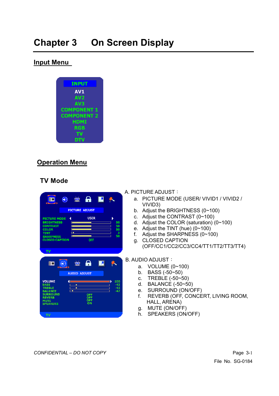 Chapter 3 on screen display, Input menu, Operation menu | Tv mode | Vizio P42HDTV10A User Manual | Page 8 / 113