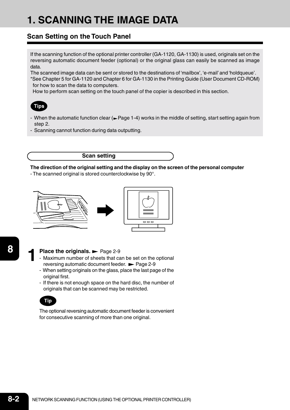 Scanning the image data, Scan setting on the touch panel | Vizio 210C User Manual | Page 134 / 195