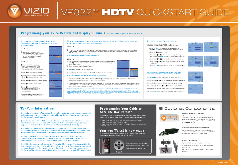 Quickstart guide, Step 1.1, Step 1.2 | Step 2.1, Step 2.2, For your information, Programming your cable or satellite box remote, Your new tv set is now ready, Optional components, Vyizio | Vizio VP322 User Manual | Page 2 / 2