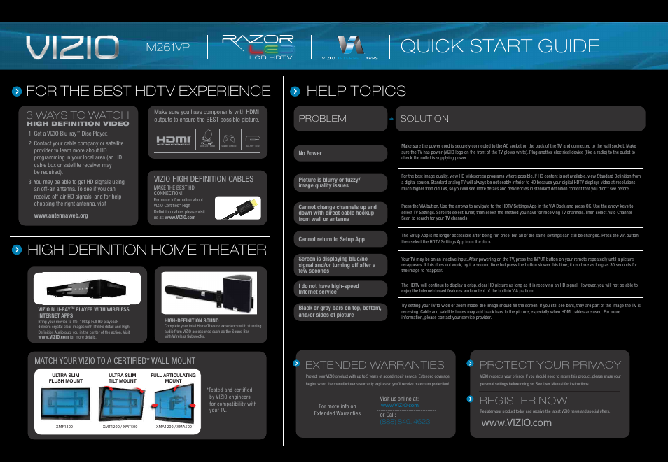 Quick start guide, Help topics for the best hdtv experience, High definition home theater | 3 ways to watch, Extended warranties, Protect your privacy register now, M261vp, Problem solution, Vizio high definition cables, Match your vizio to a certified* wall mount | Vizio M261VP User Manual | Page 2 / 2
