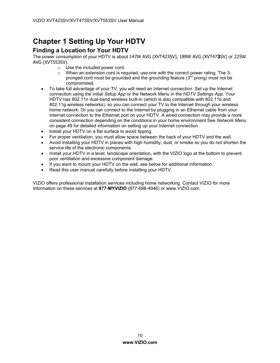 Chapter 1 setting up your hdtv, Finding a location for your hdtv | Vizio XVT473SV User Manual | Page 10 / 67