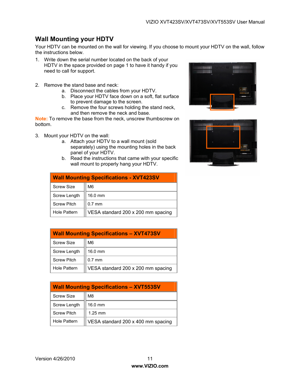 Wall mounting your hdtv | Vizio XVT473SV User Manual | Page 11 / 67