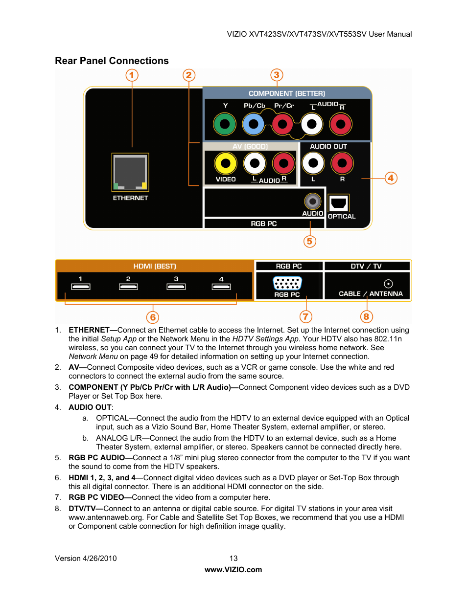 Rear panel connections | Vizio XVT473SV User Manual | Page 13 / 67