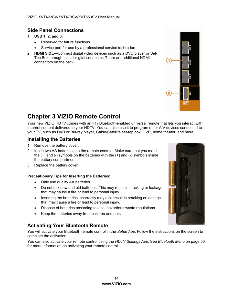 Chapter 3 vizio remote control, Side panel connections, Installing the batteries | Activating your bluetooth remote | Vizio XVT473SV User Manual | Page 14 / 67