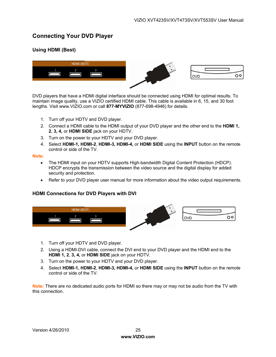 Connecting your dvd player | Vizio XVT473SV User Manual | Page 25 / 67