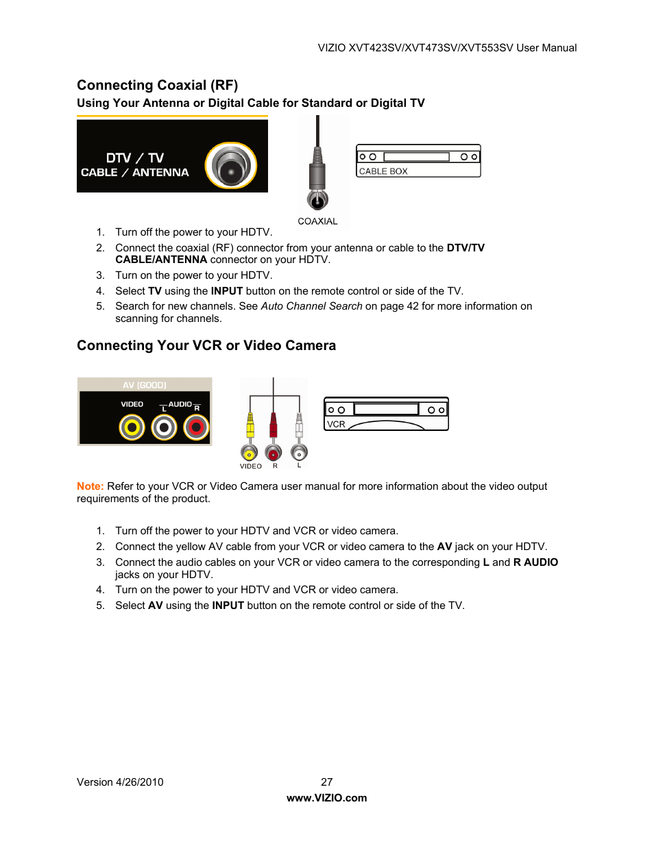 Connecting coaxial (rf), Connecting your vcr or video camera | Vizio XVT473SV User Manual | Page 27 / 67