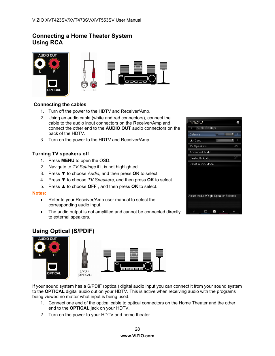 Connecting a home theater system using rca, Using optical (s/pdif) | Vizio XVT473SV User Manual | Page 28 / 67