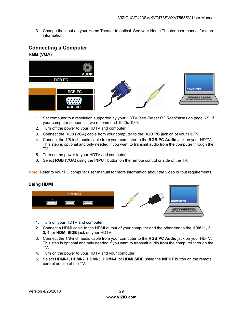 Connecting a computer | Vizio XVT473SV User Manual | Page 29 / 67