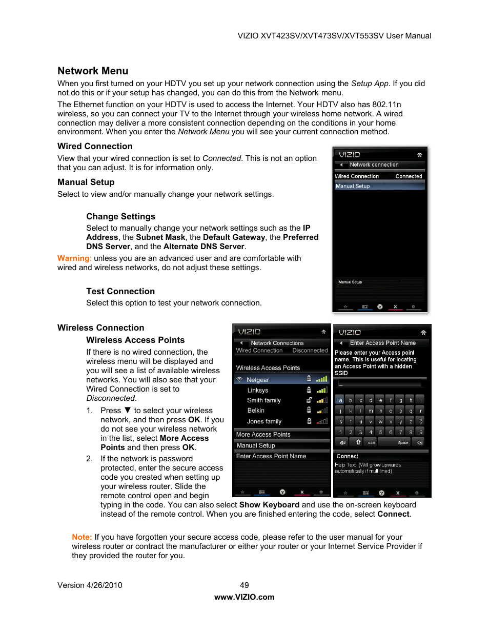 Network menu | Vizio XVT473SV User Manual | Page 49 / 67