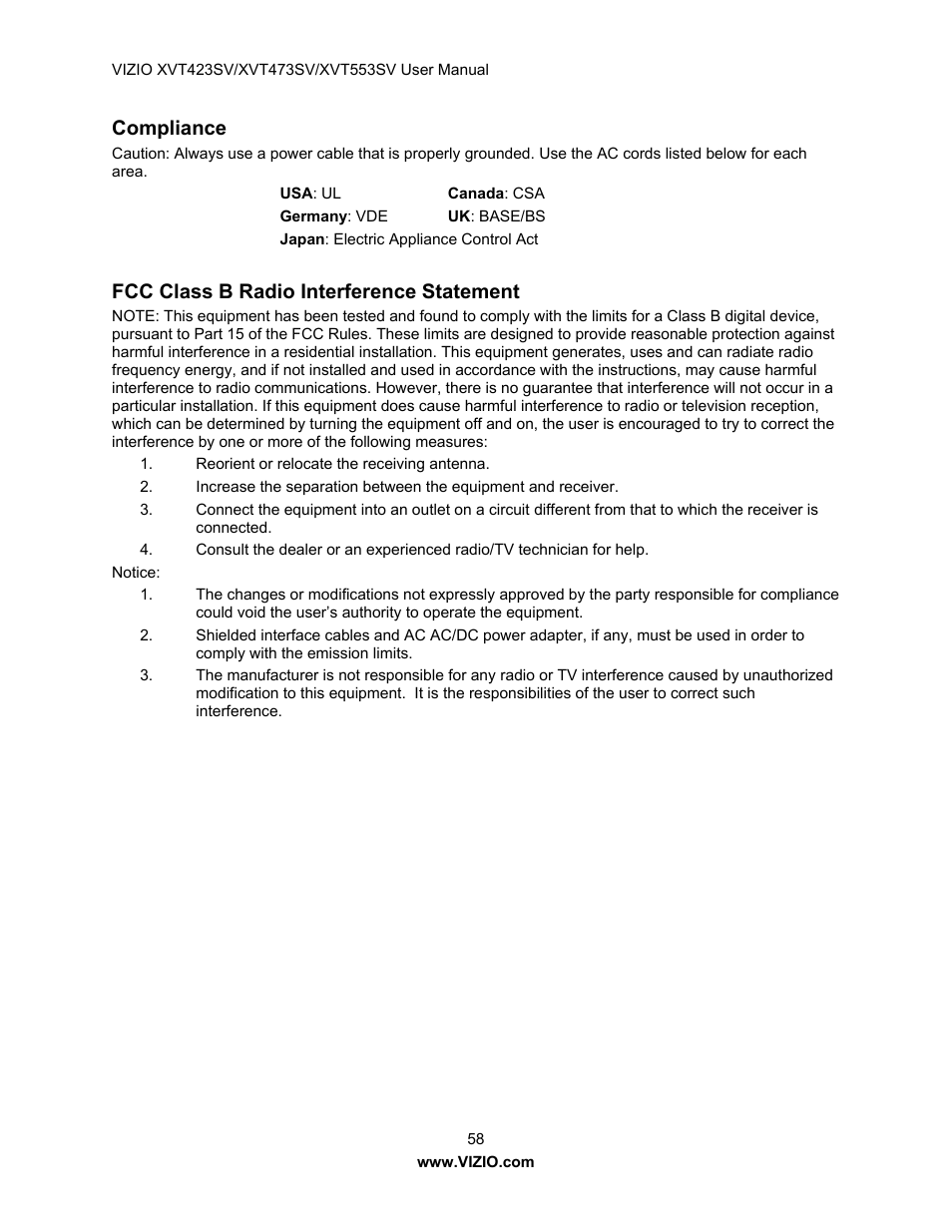 Compliance, Fcc class b radio interference statement | Vizio XVT473SV User Manual | Page 58 / 67