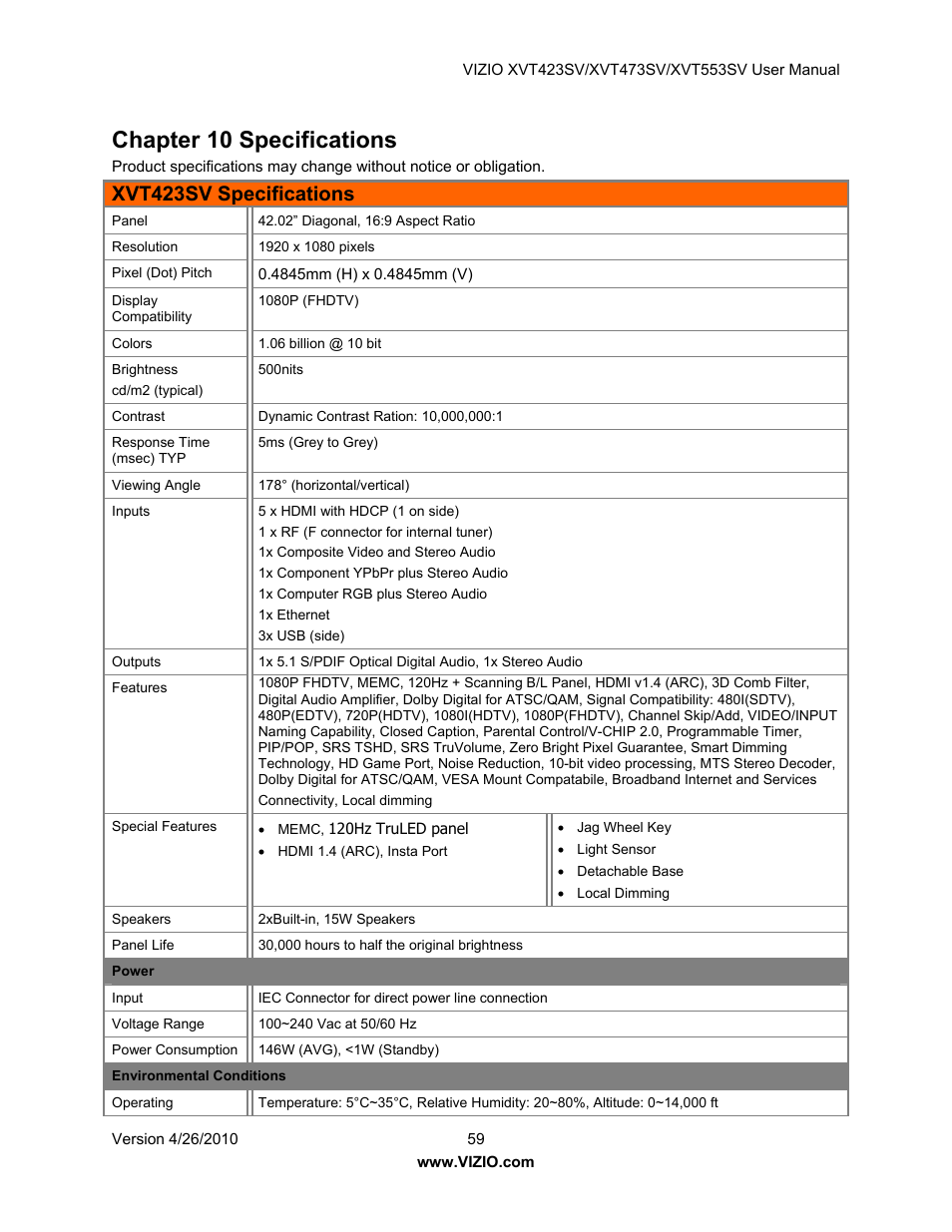 Chapter 10 specifications, Xvt423sv specifications | Vizio XVT473SV User Manual | Page 59 / 67