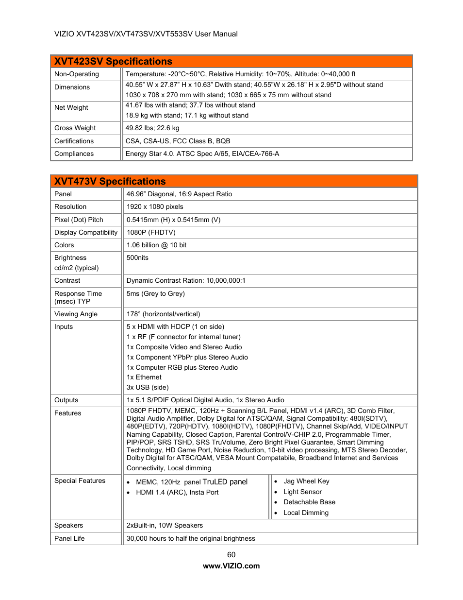 Xvt423sv specifications, Xvt473v specifications | Vizio XVT473SV User Manual | Page 60 / 67