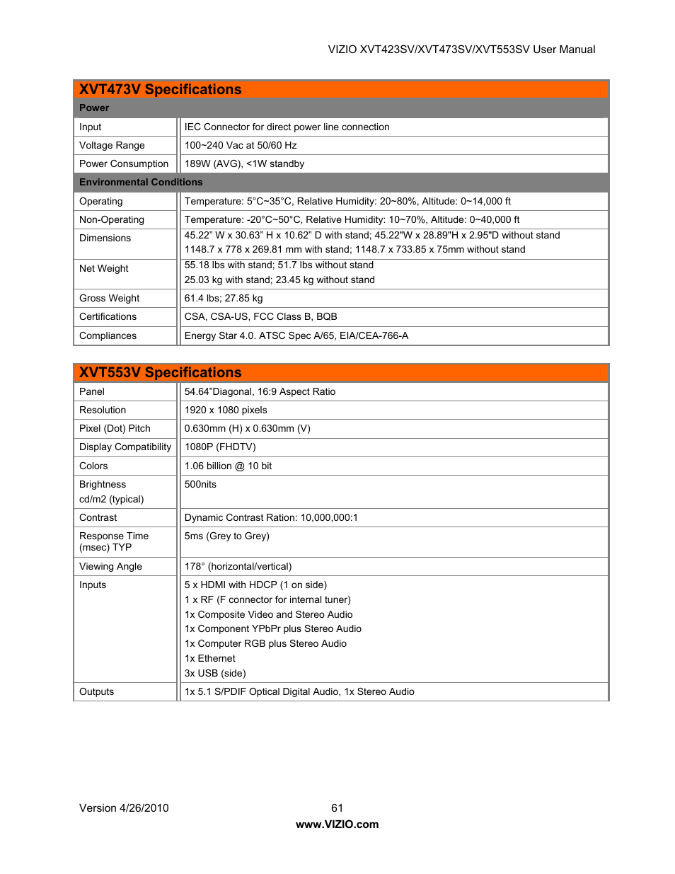 Xvt473v specifications, Xvt553v specifications | Vizio XVT473SV User Manual | Page 61 / 67