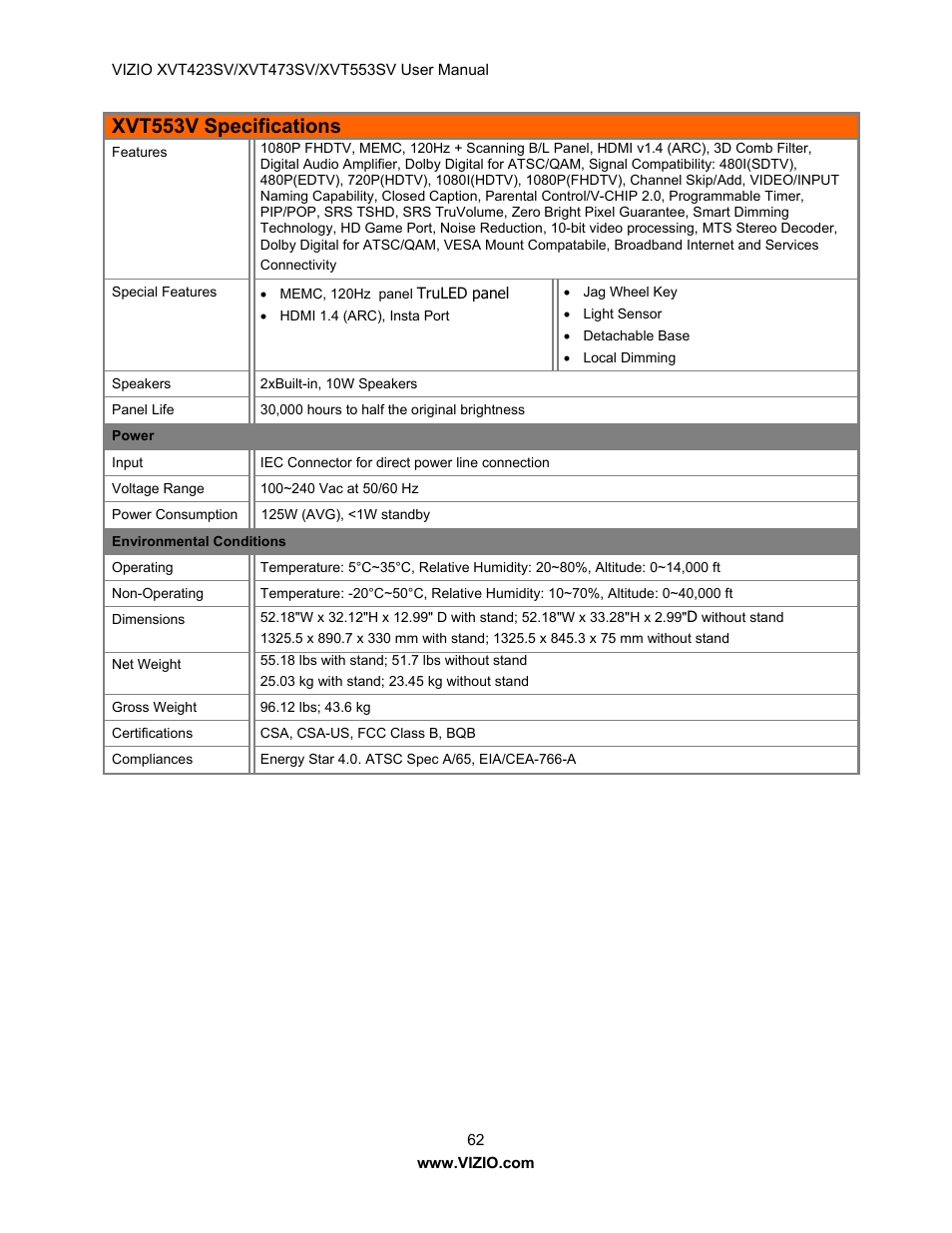 Xvt553v specifications | Vizio XVT473SV User Manual | Page 62 / 67