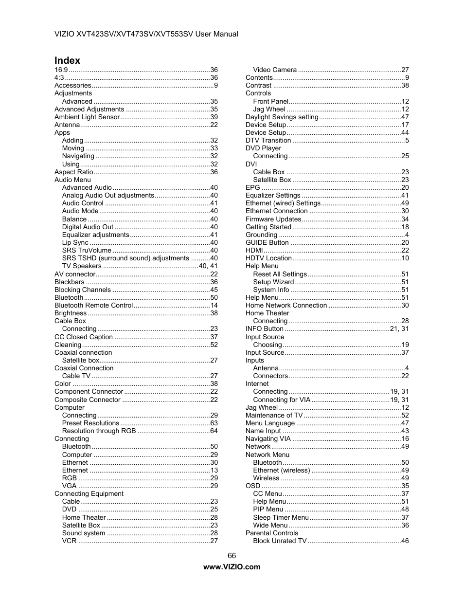 Index | Vizio XVT473SV User Manual | Page 66 / 67