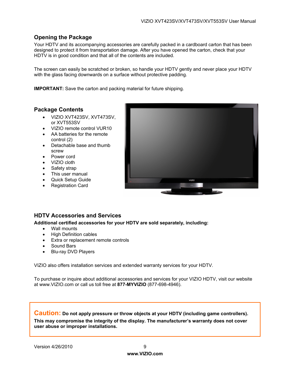 Caution | Vizio XVT473SV User Manual | Page 9 / 67