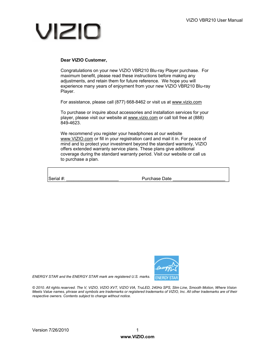Vizio VBR210 User Manual | 55 pages