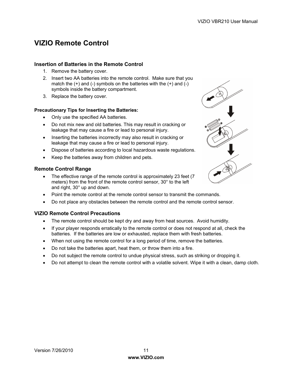 Vizio remote control | Vizio VBR210 User Manual | Page 11 / 55