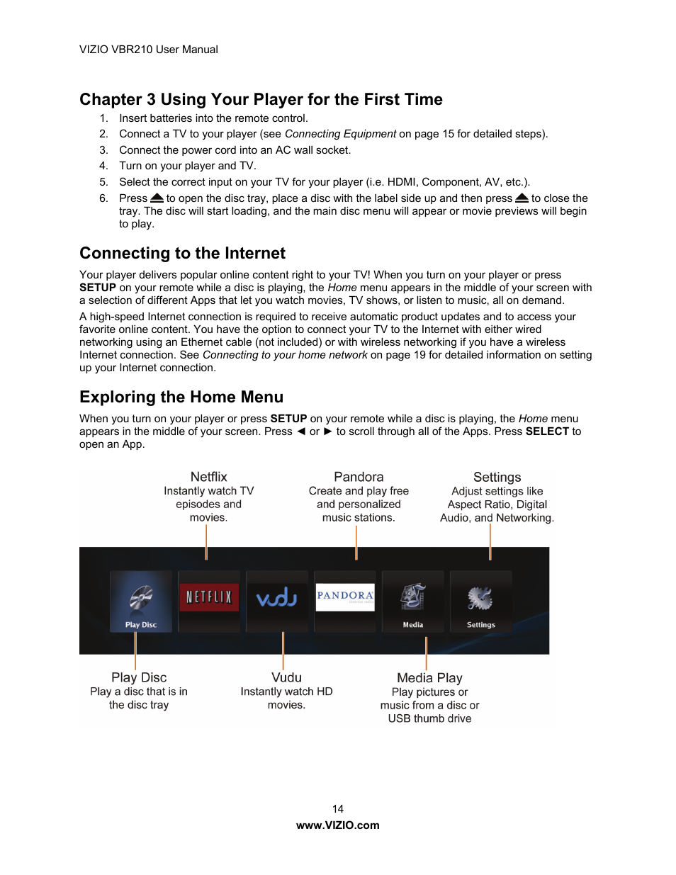 Chapter 3 using your player for the first time, Connecting to the internet, Exploring the home menu | Vizio VBR210 User Manual | Page 14 / 55