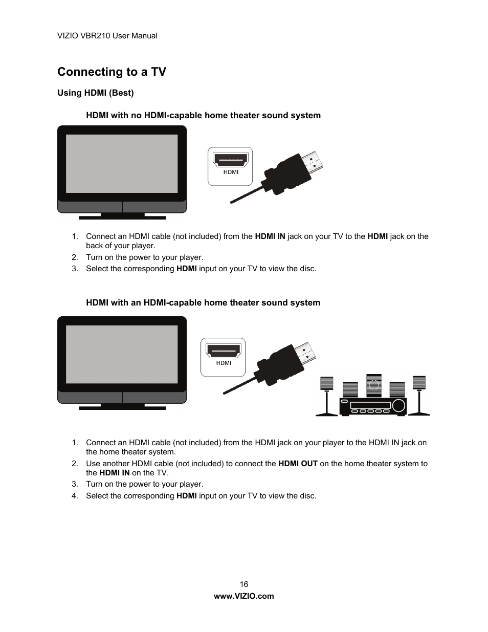 Connecting to a tv | Vizio VBR210 User Manual | Page 16 / 55