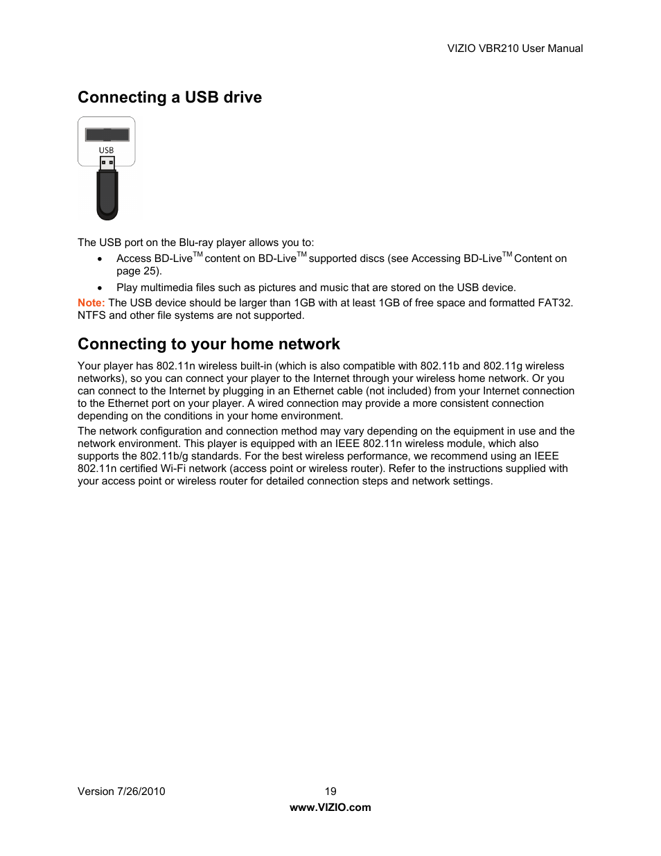 Connecting a usb drive, Connecting to your home network | Vizio VBR210 User Manual | Page 19 / 55