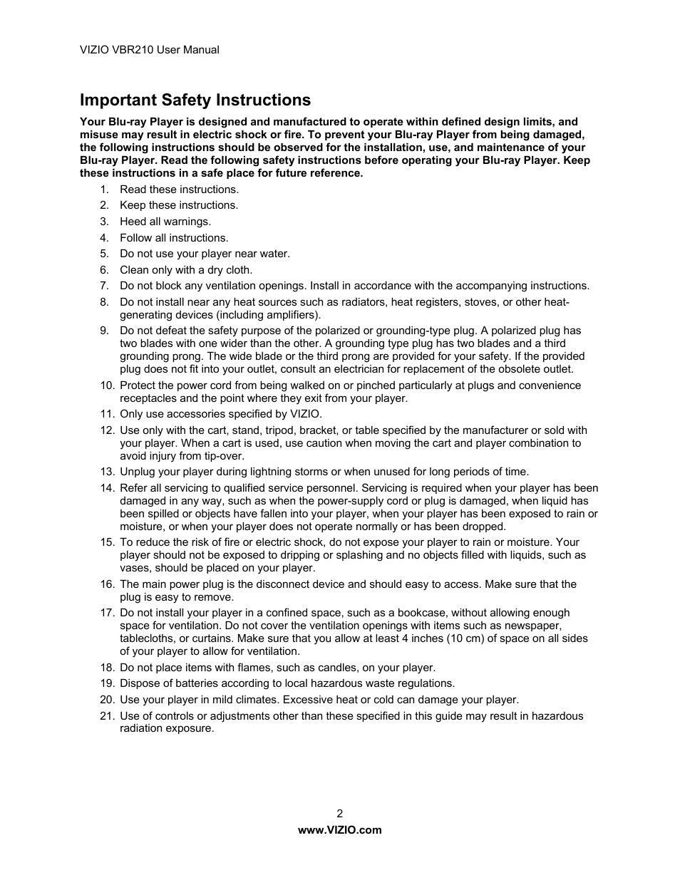 Important safety instructions | Vizio VBR210 User Manual | Page 2 / 55