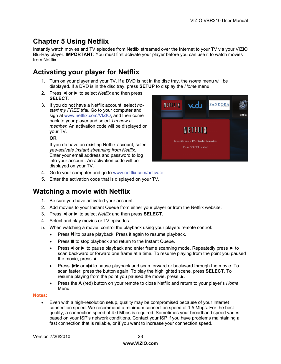Chapter 5 using netflix, Activating your player for netflix, Watching a movie with netflix | Vizio VBR210 User Manual | Page 23 / 55