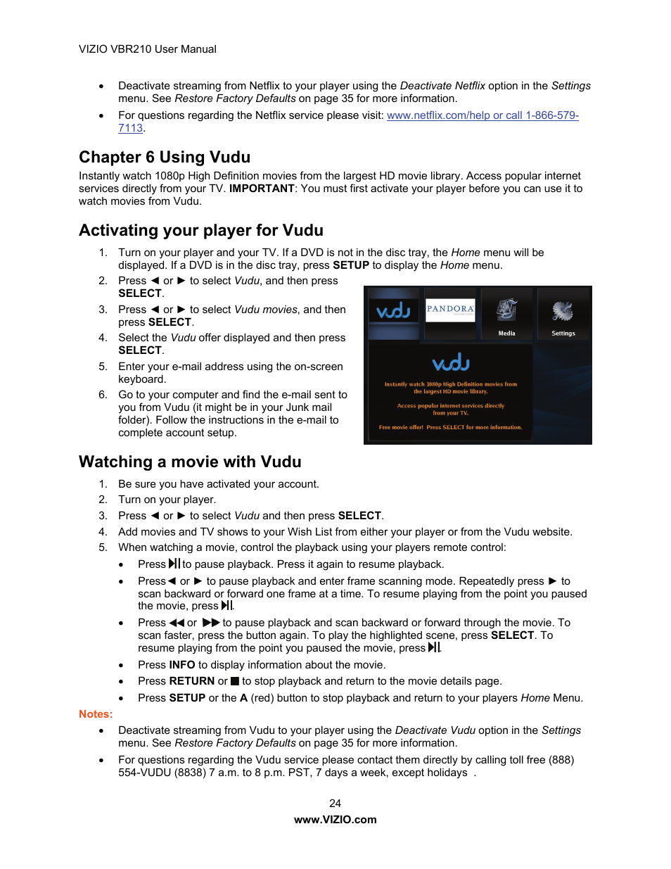 Chapter 6 using vudu, Activating your player for vudu, Watching a movie with vudu | Vizio VBR210 User Manual | Page 24 / 55