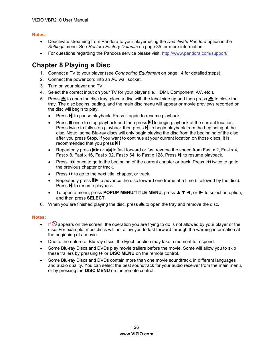 Chapter 8 playing a disc | Vizio VBR210 User Manual | Page 26 / 55