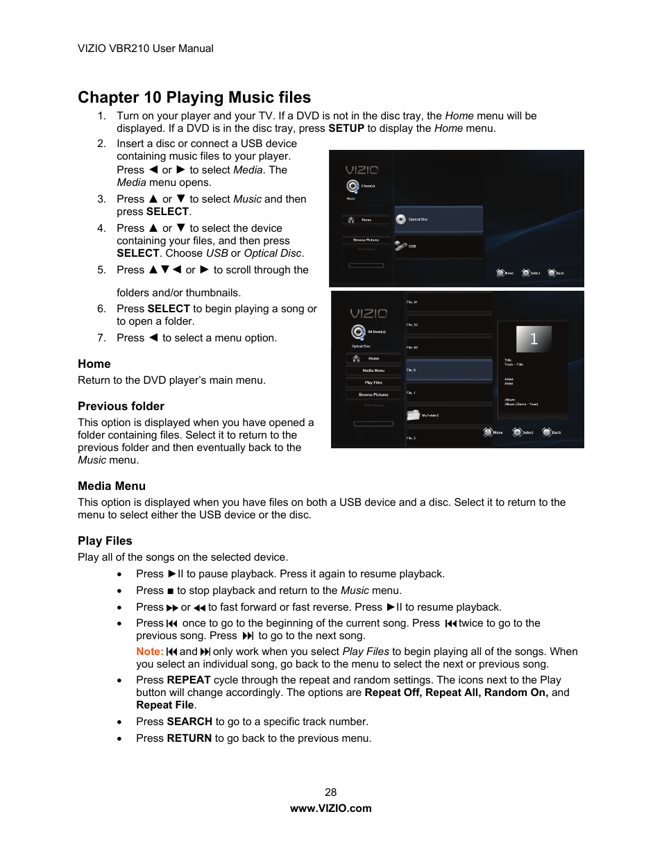 Chapter 10 playing music files | Vizio VBR210 User Manual | Page 28 / 55