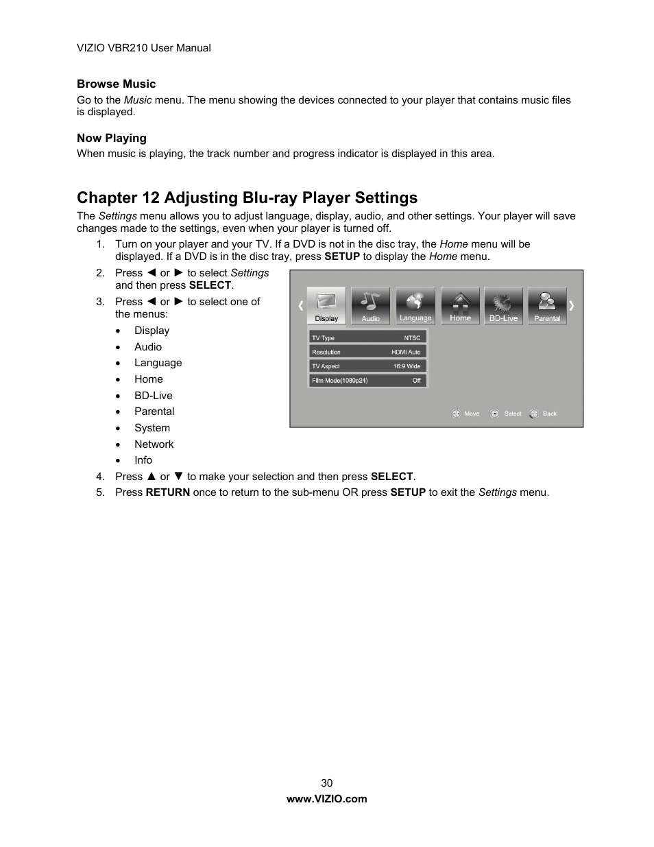 Chapter 12 adjusting blu-ray player settings | Vizio VBR210 User Manual | Page 30 / 55