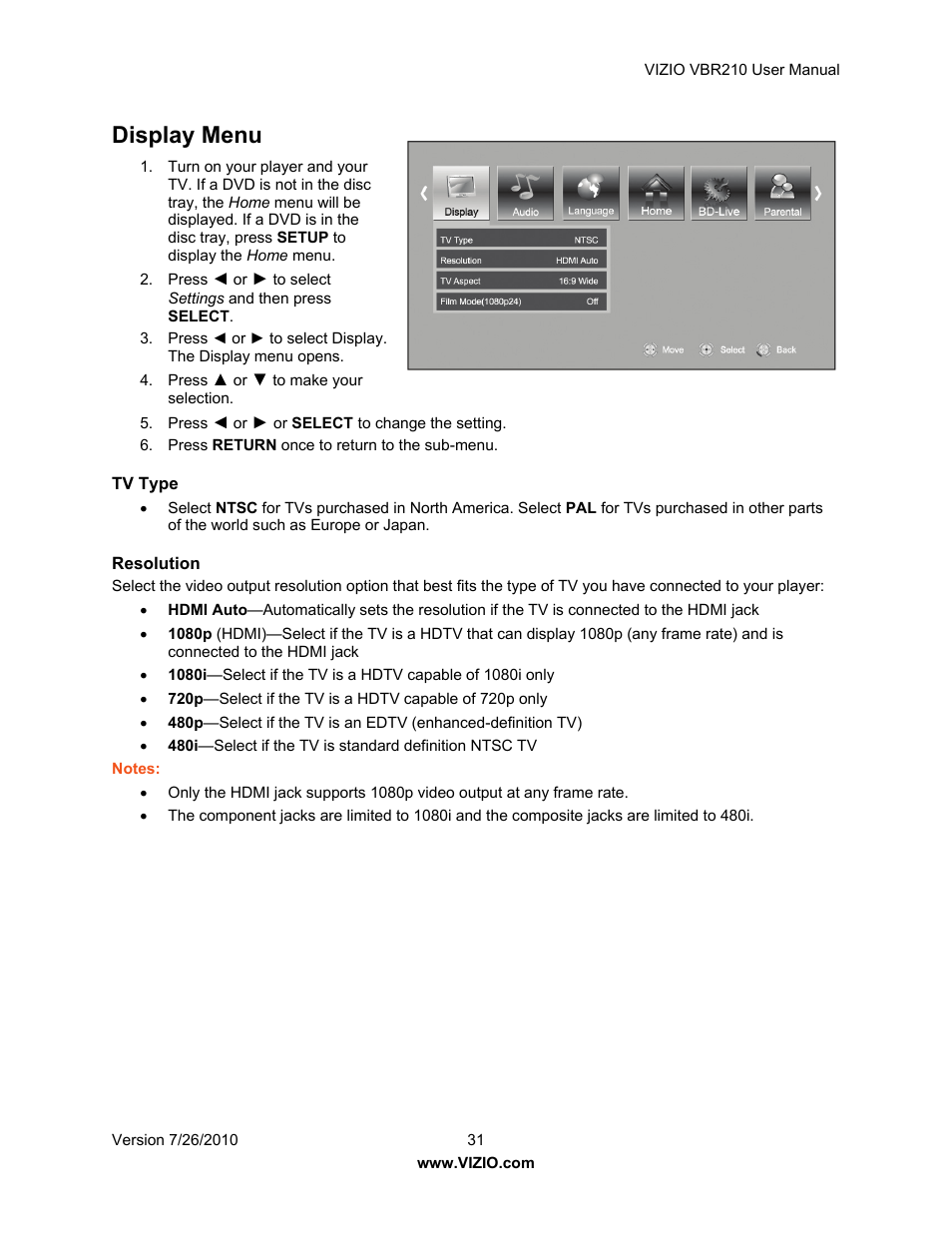 Display menu | Vizio VBR210 User Manual | Page 31 / 55