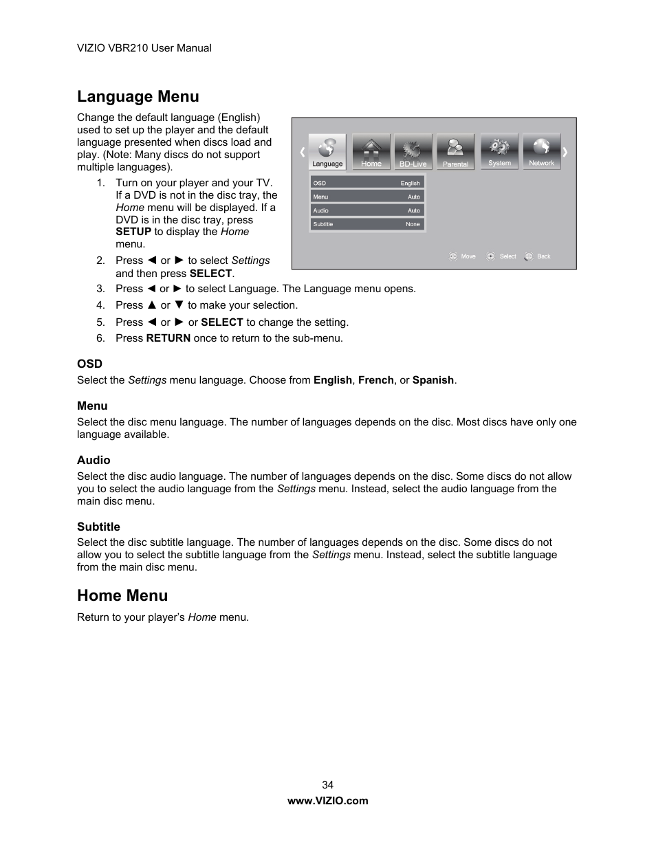 Language menu, Home menu | Vizio VBR210 User Manual | Page 34 / 55